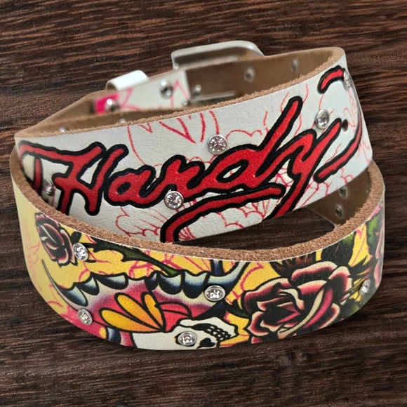 Ed Hardy genuine leather belt skull & rose Tattoo w Rhinestones Sz S/ 26-32" - Picture 4 of 9